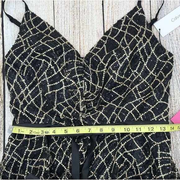 CALVIN KLEIN Sequin Mesh A-Line Party Dress Size‎ 2 Black Sleeveless V-Neck NWT - Picture 8 of 11